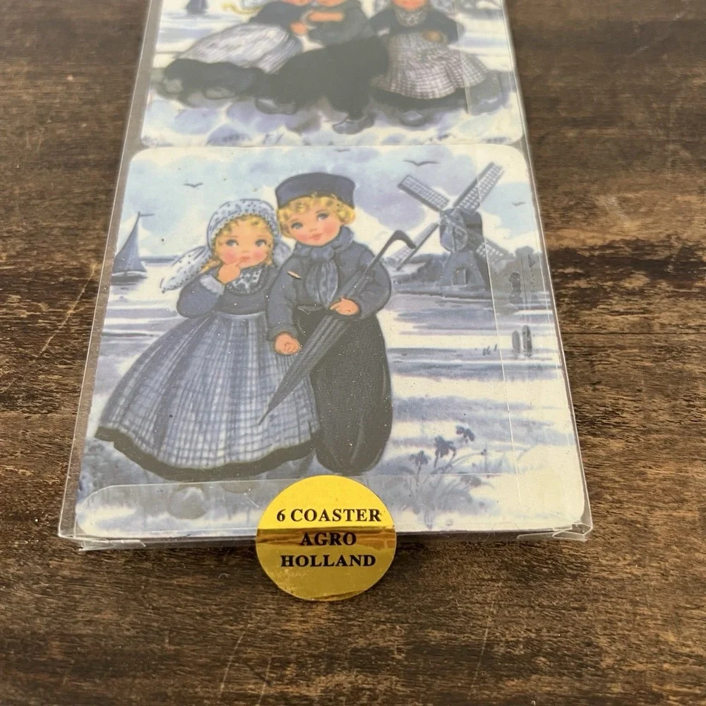6 Dutch Scenes Blue Boy and Girl Cork board Back Drink‎ Coasters Barware Decor